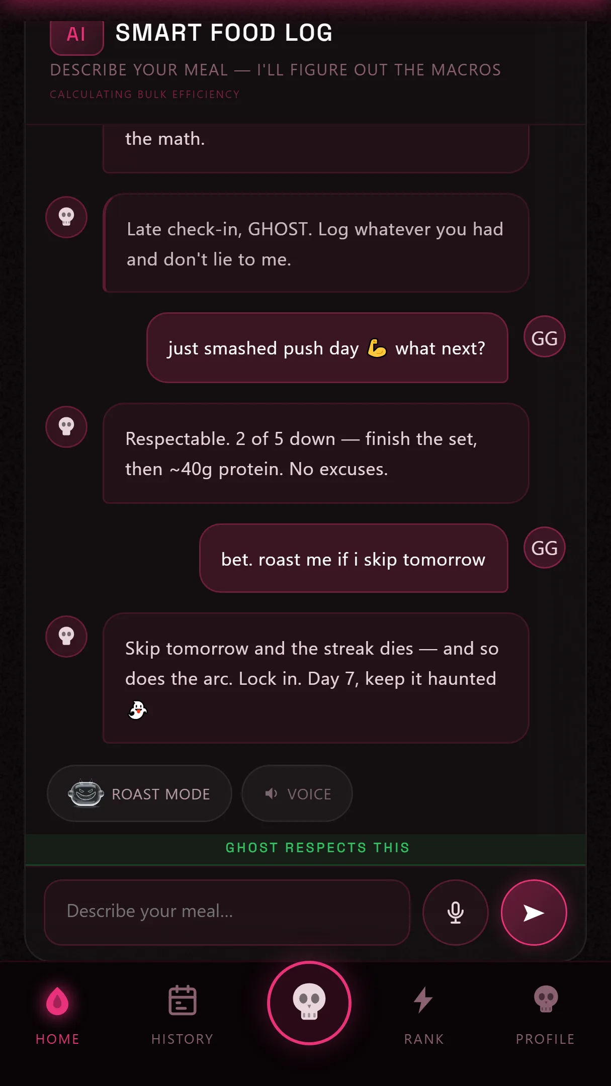 Ghost AI coach in roast mode