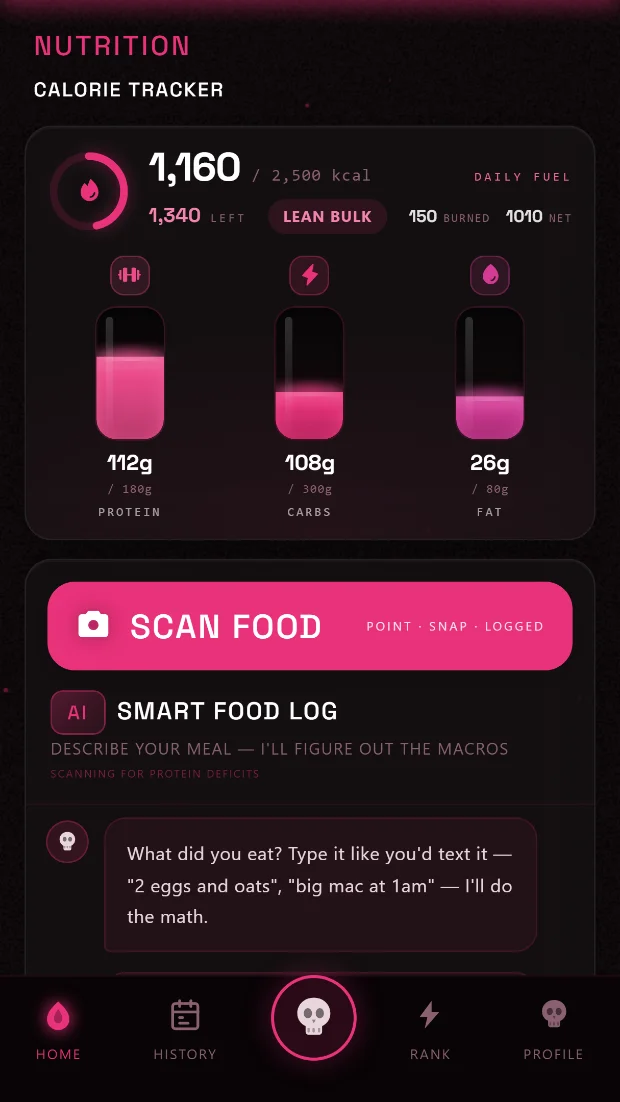 Food scan screen — AI Vision reading a meal and logging calories and macros