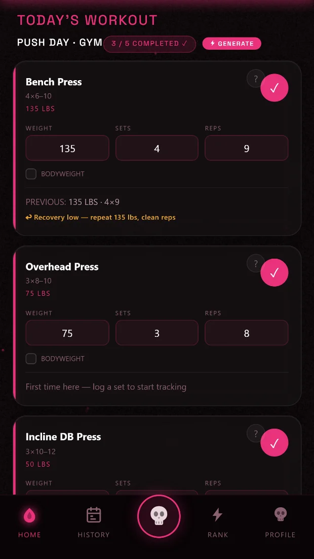 Auto-built Push Day workout screen
